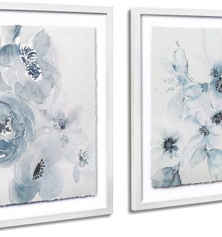 Framed Bathroom Wall Decor, Light Blue Wall Art with Torn Edge Design and Watercolor Floral Prints Pictures Artwork for Bedroom Home Decorations(2 Pack, 12x16 Inch)
