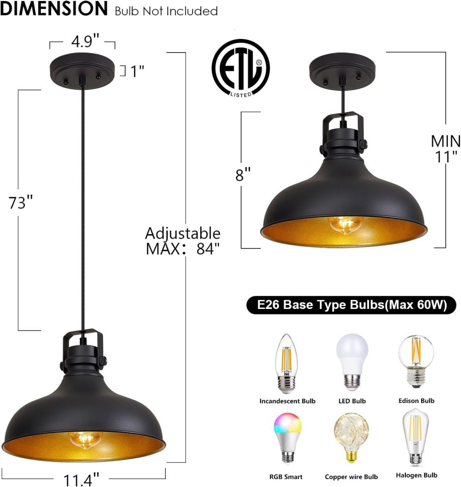 Black Farmhouse Pendant Lights Matte Pendant Lighting for Kitchen Island Industrial Adjustable Height Vintage Dome Hanging Light Fixtures for Barn, Dining Room 3 Packs - Image 2
