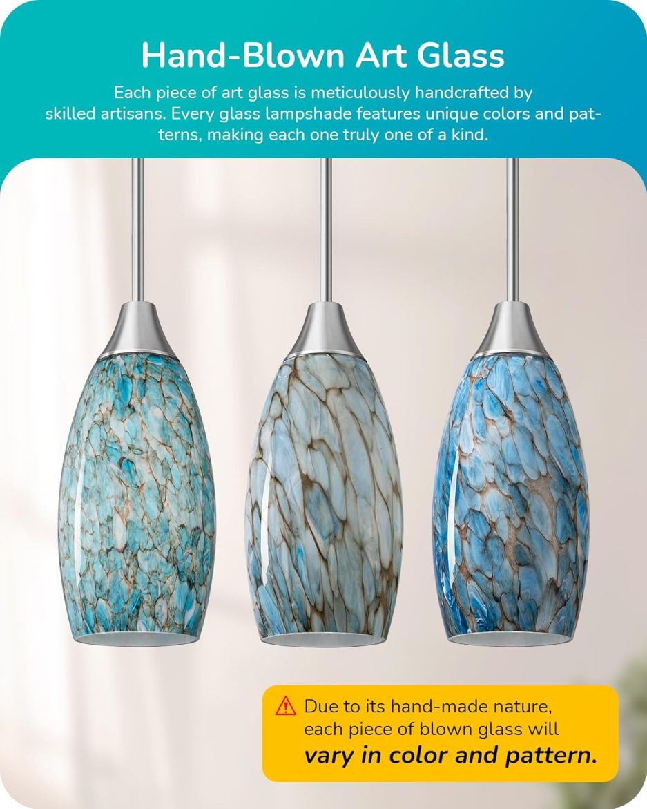 EDISHINE Pendant Light, Hand Blown Hanging Light Fixture, Adjustable Brushed Nickel Rods, Blue Glass Pendant Lighting for Kitchen Island, Sink, Bathroom, Dining Room - Image 2