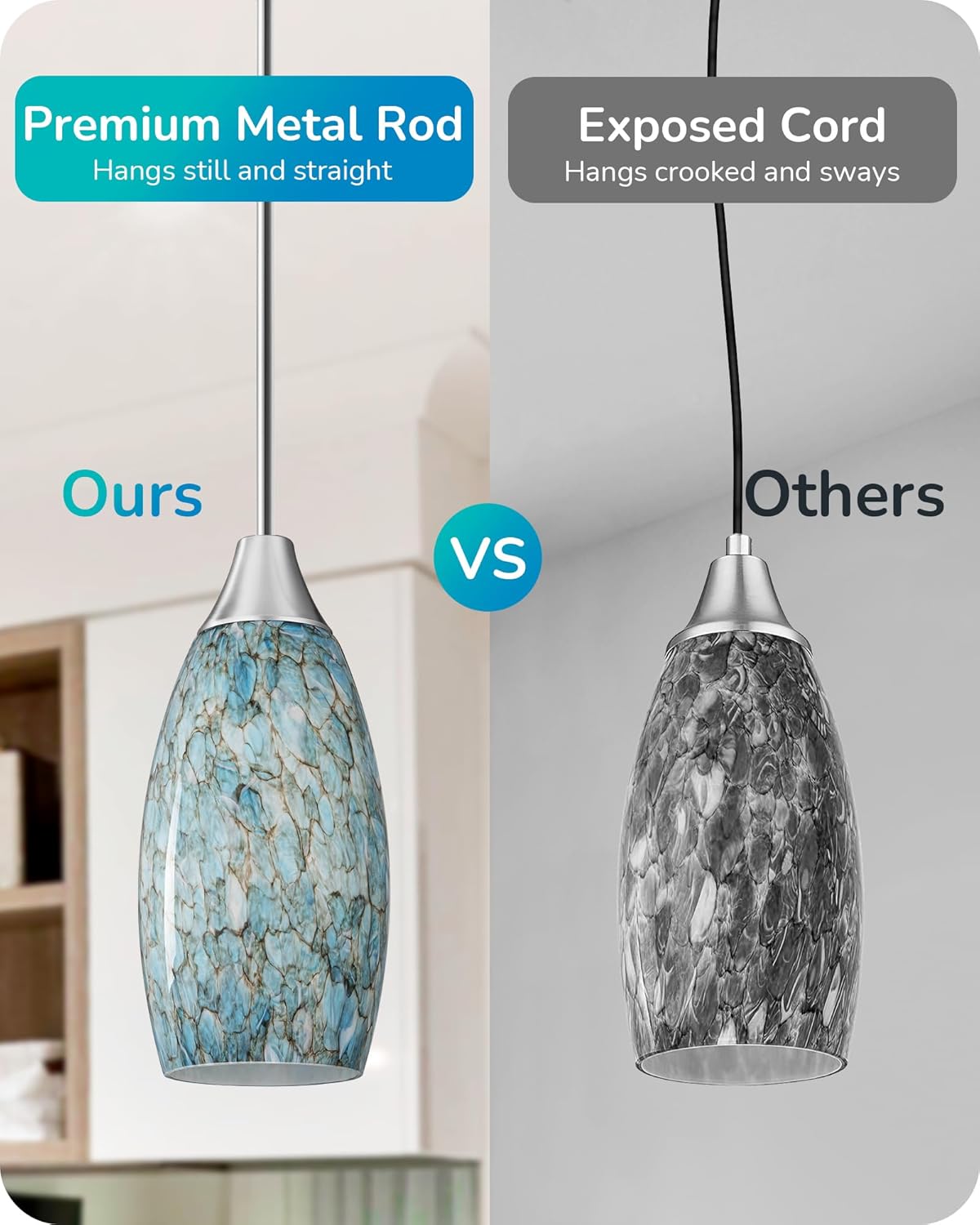 EDISHINE Pendant Light, Hand Blown Hanging Light Fixture, Adjustable Brushed Nickel Rods, Blue Glass Pendant Lighting for Kitchen Island, Sink, Bathroom, Dining Room - Image 3
