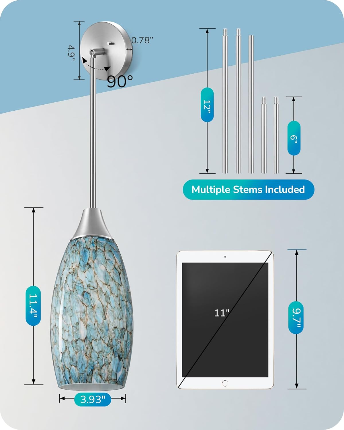 EDISHINE Pendant Light, Hand Blown Hanging Light Fixture, Adjustable Brushed Nickel Rods, Blue Glass Pendant Lighting for Kitchen Island, Sink, Bathroom, Dining Room - Image 4