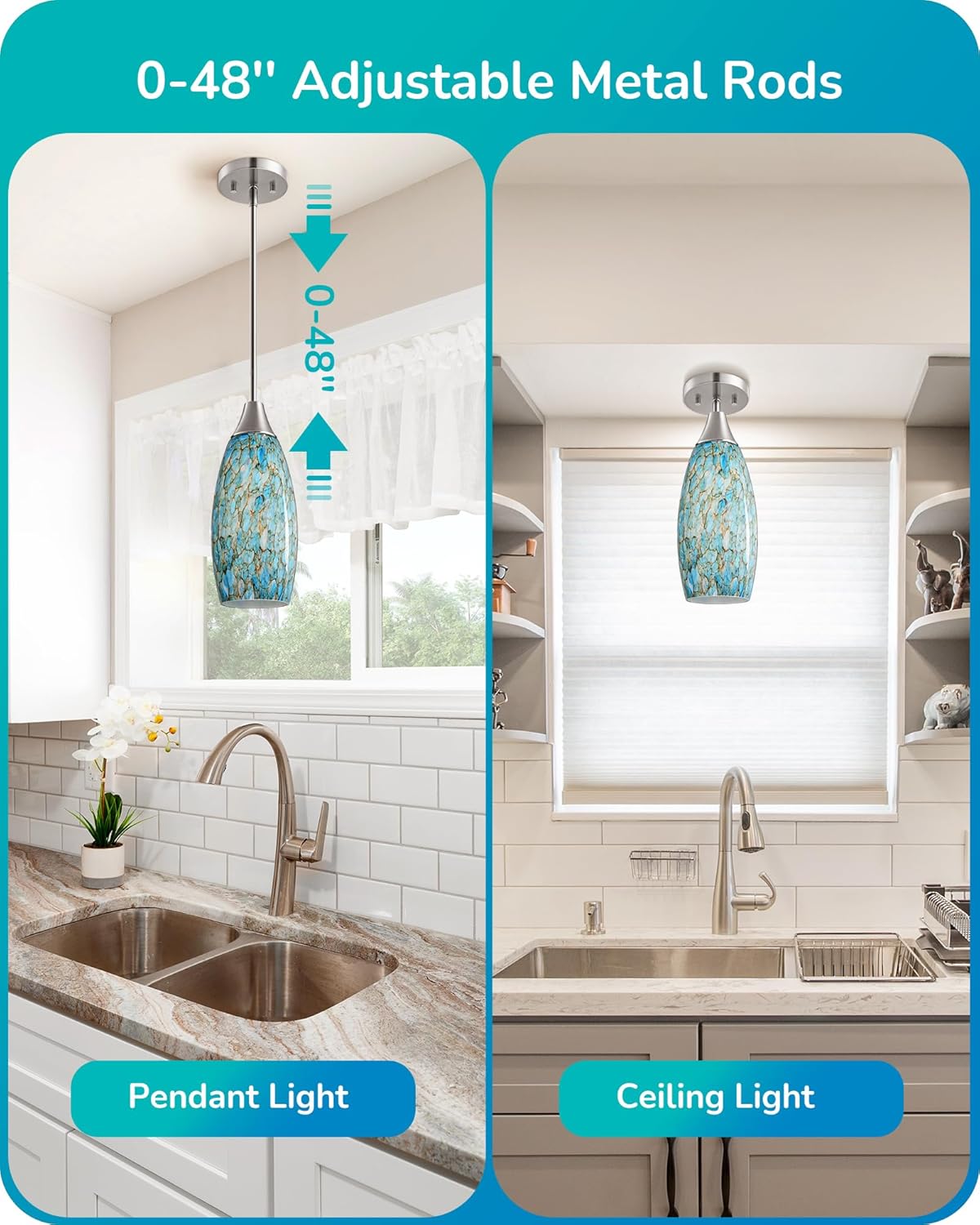 EDISHINE Pendant Light, Hand Blown Hanging Light Fixture, Adjustable Brushed Nickel Rods, Blue Glass Pendant Lighting for Kitchen Island, Sink, Bathroom, Dining Room - Image 6