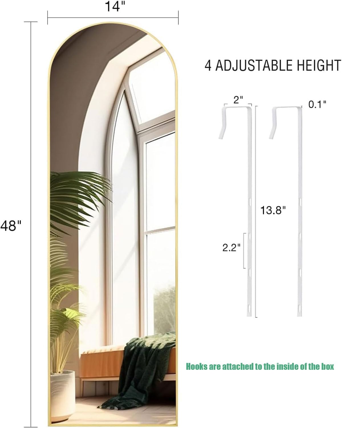 Full Length Mirror 48x14 Inches - Over The Door Hanging Mirror for Bedroom, Living Room, Closet - Arch Floor Mirror, Door Mirror with Gold Frame - No Drill Easy Install - Image 4