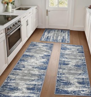 GENIMO Kitchen Rugs Sets of 3 Non Slip Washable Kitchen Mats for Floor, Waterproof Abstract Kitchen Runner Rug, Floor Mat Carpet for Hallway, Laundry, Sink, Entryway, Bathroom, Blue&Ivory