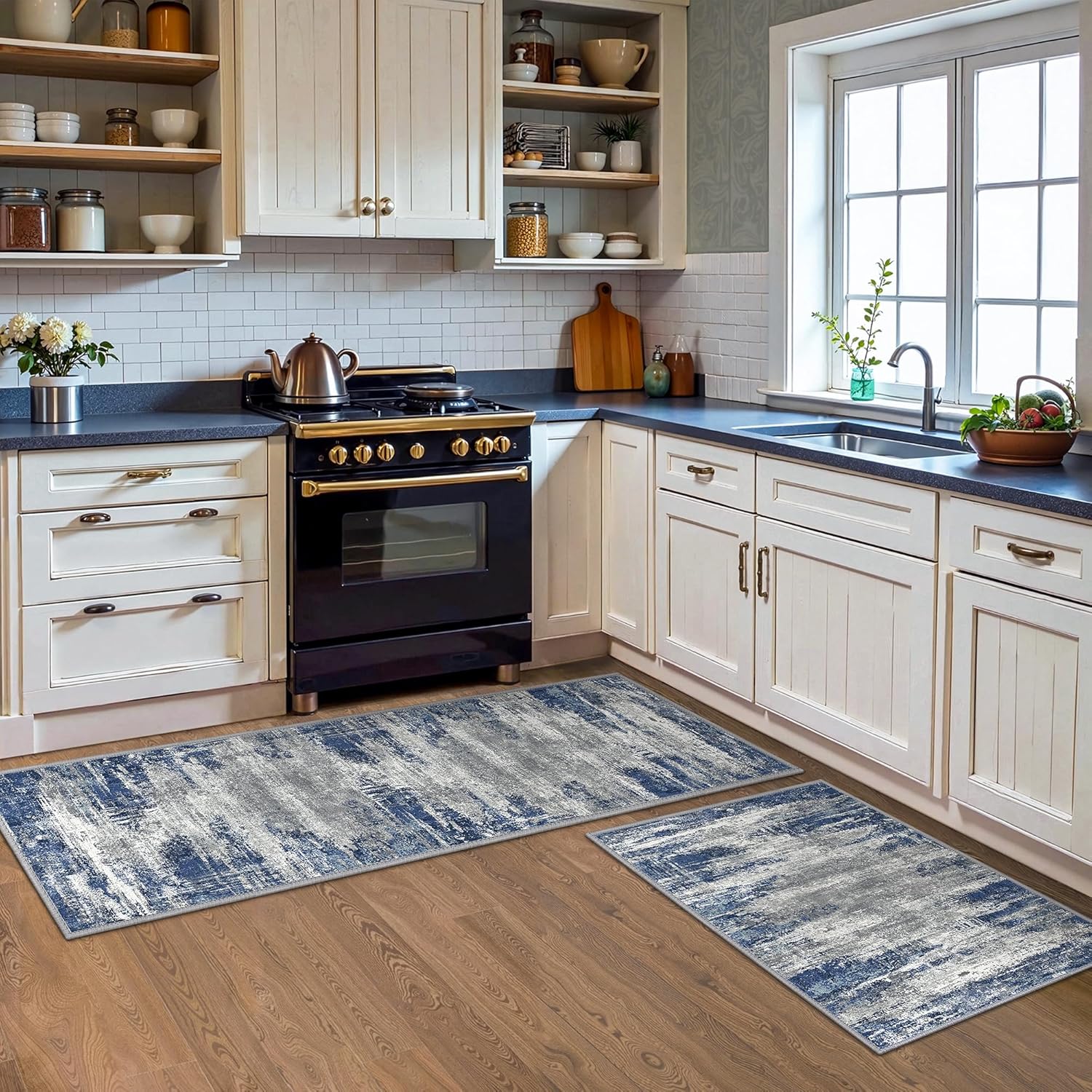GENIMO Kitchen Rugs Sets of 3 Non Slip Washable Kitchen Mats for Floor, Waterproof Abstract Kitchen Runner Rug, Floor Mat Carpet for Hallway, Laundry, Sink, Entryway, Bathroom, Blue&Ivory - Image 3