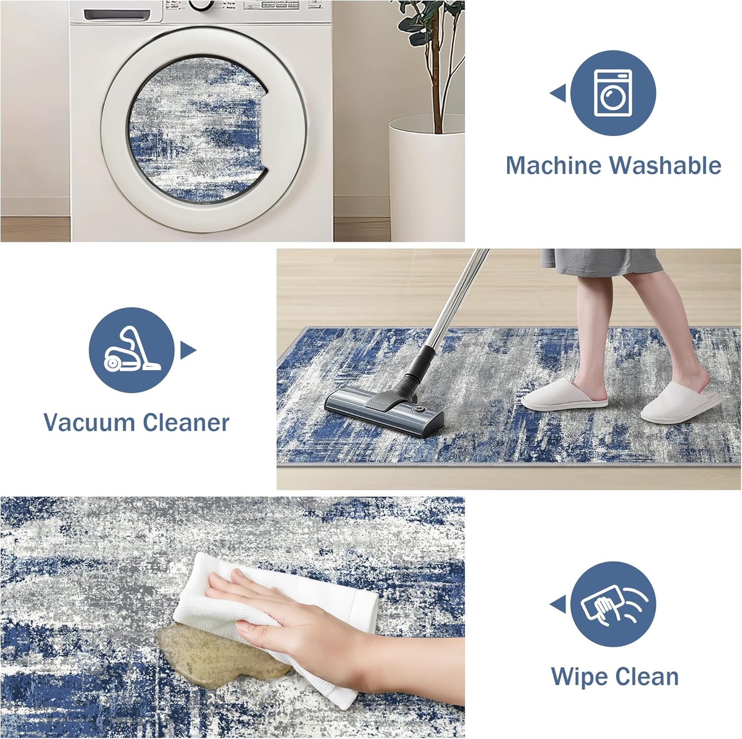 GENIMO Kitchen Rugs Sets of 3 Non Slip Washable Kitchen Mats for Floor, Waterproof Abstract Kitchen Runner Rug, Floor Mat Carpet for Hallway, Laundry, Sink, Entryway, Bathroom, Blue&Ivory - Image 5