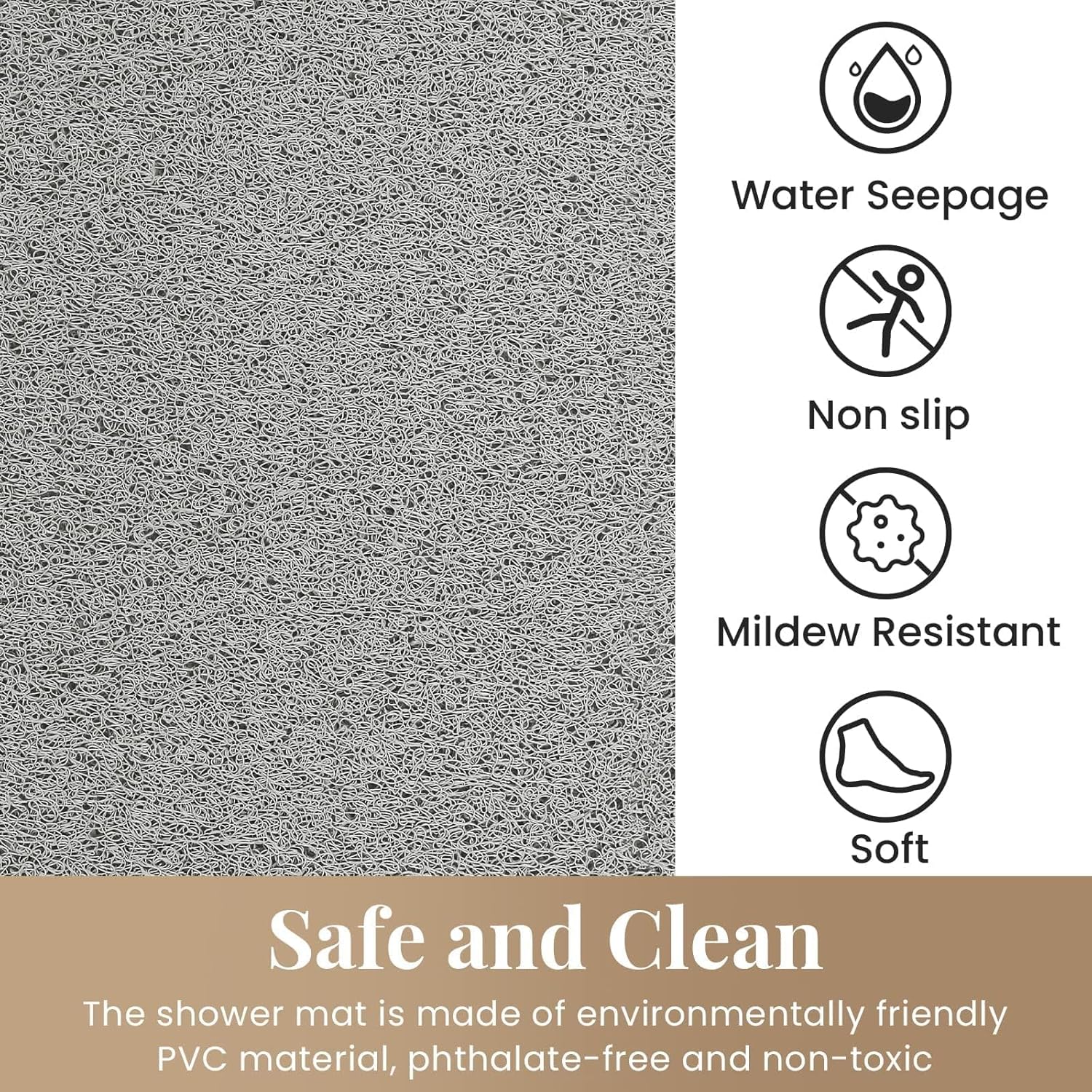 PVC Loofah (Phthalate Free) Shower/Bathtub Mat Non-Slip, 24x16 inch, Soft Tub Mat with Drain, for Tub and Bathroom,Quick Drying,Grey - Image 9