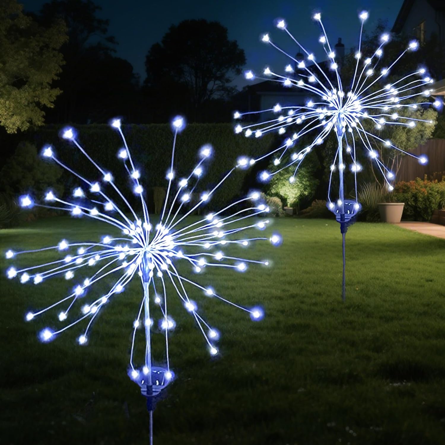 Solar Firework Lights, 2 Pack 120 LEDs 2 Lighting Modes Solar Garden Lights Outdoor Waterproof for Yard Patio Walkway Pathway Party Wedding Christmas Decorative- Cool White